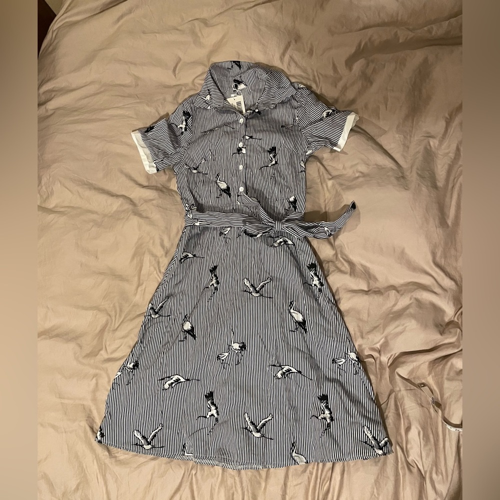 Fun Striped Crane-print Dress with Tie (P-2)